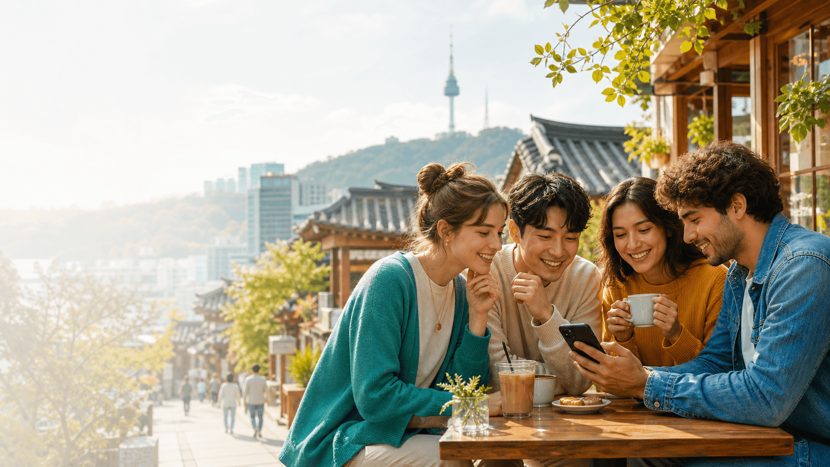 People discovering Korea together in a warm Seoul neighborhood