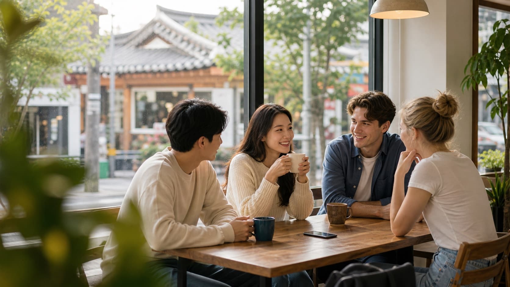 People discussing local questions together in a Korean cafe