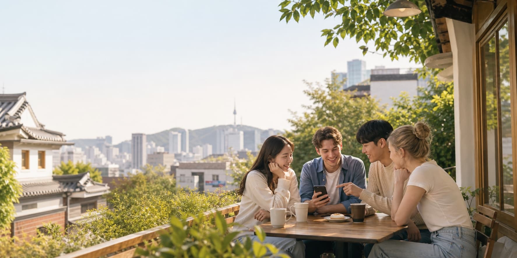 Korean and international friends using a phone together in Seoul